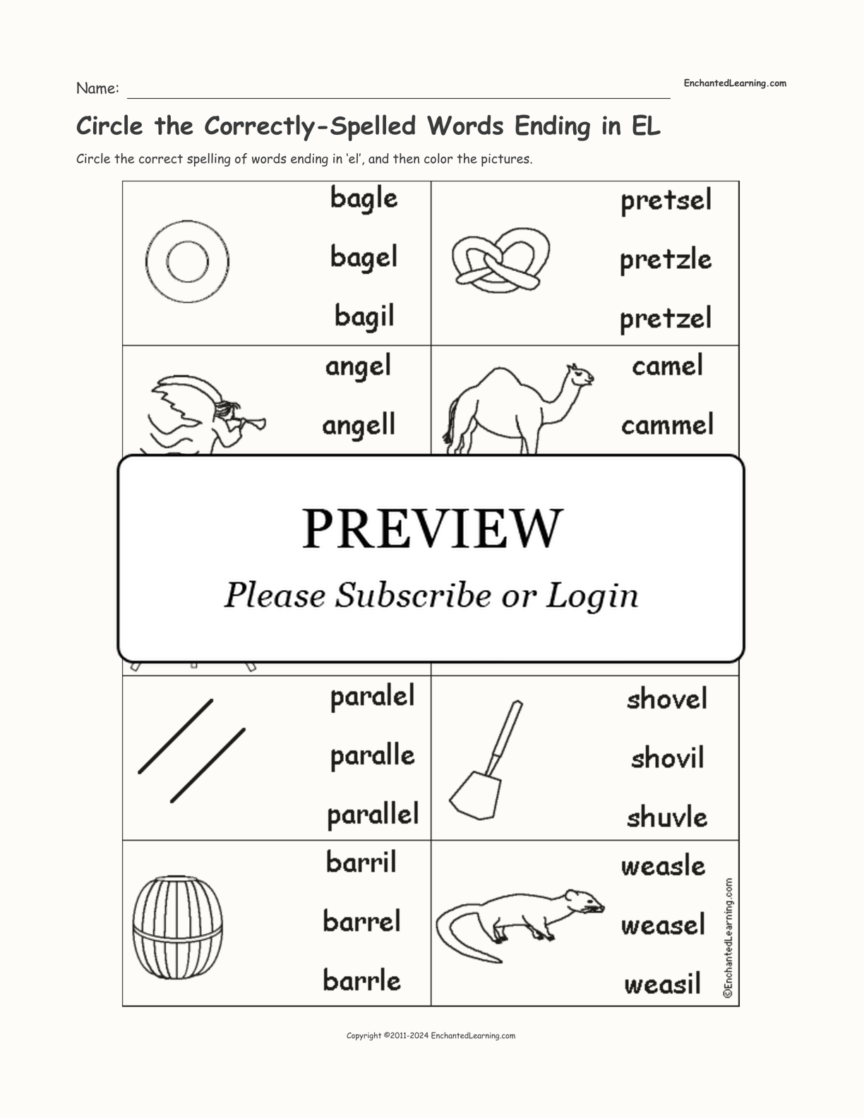 Circle the Correctly-Spelled Words Ending in EL interactive worksheet page 1
