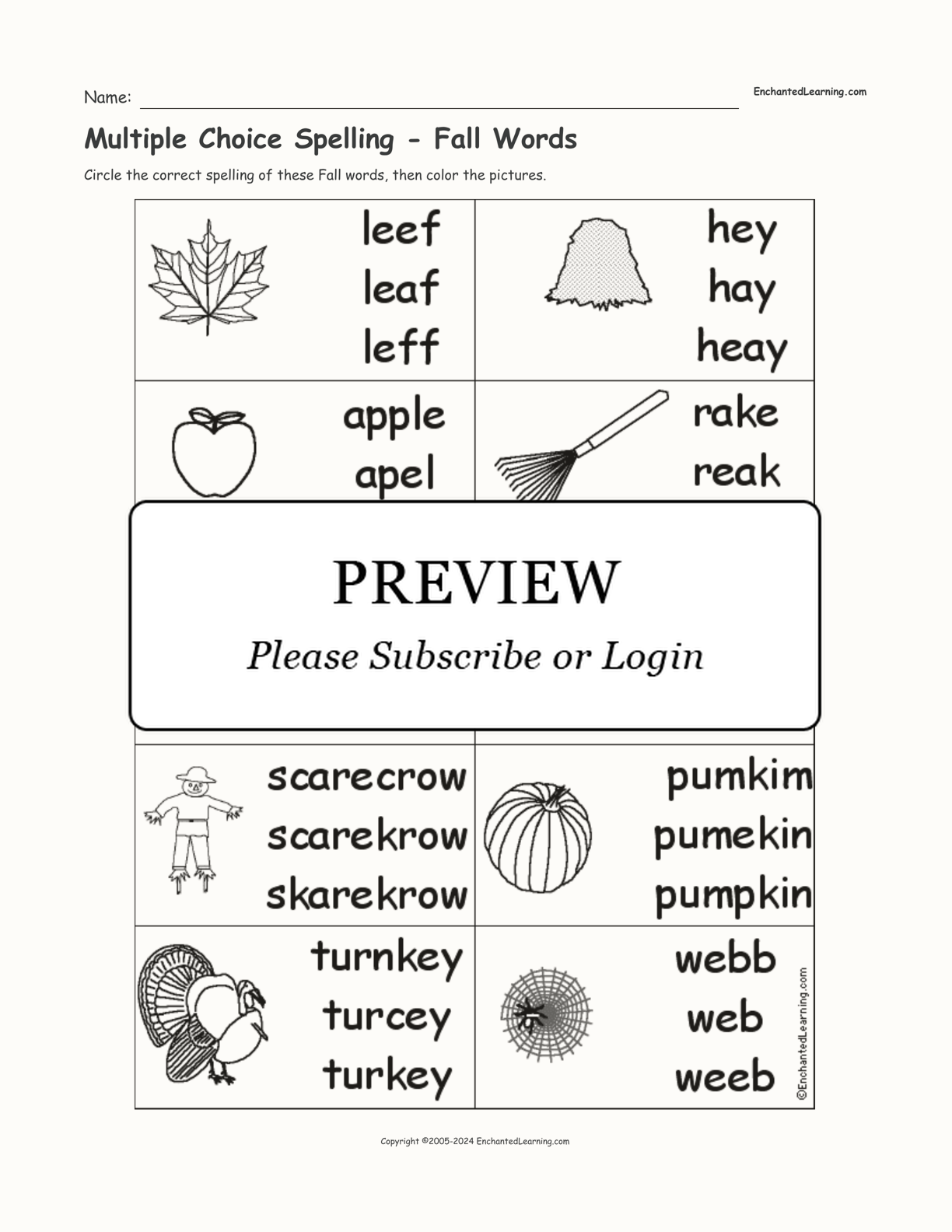 Multiple Choice Spelling - Fall Words interactive worksheet page 1