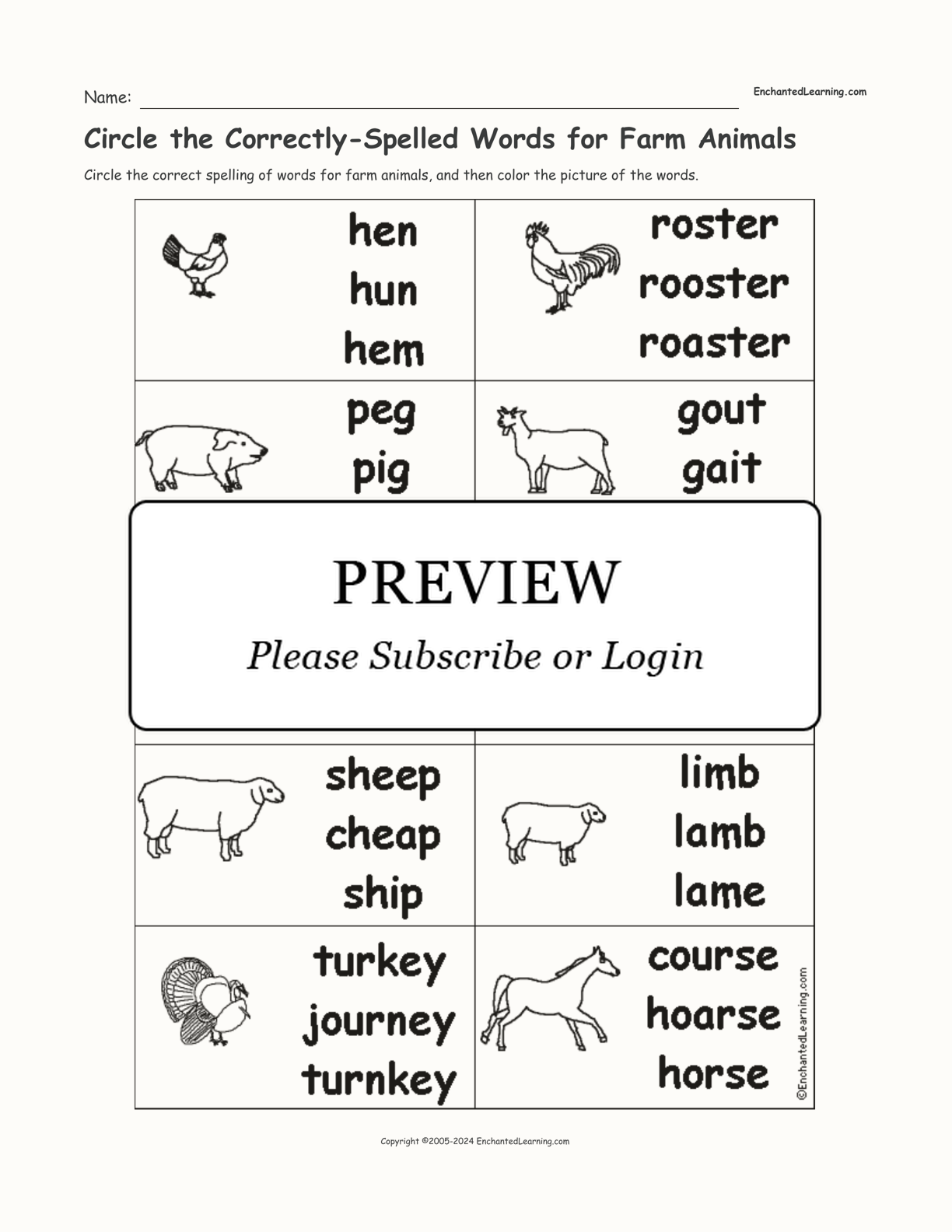 Circle the Correctly-Spelled Words for Farm Animals interactive worksheet page 1