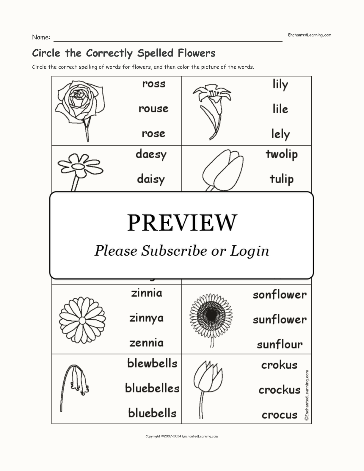 Circle the Correctly Spelled Flowers interactive worksheet page 1