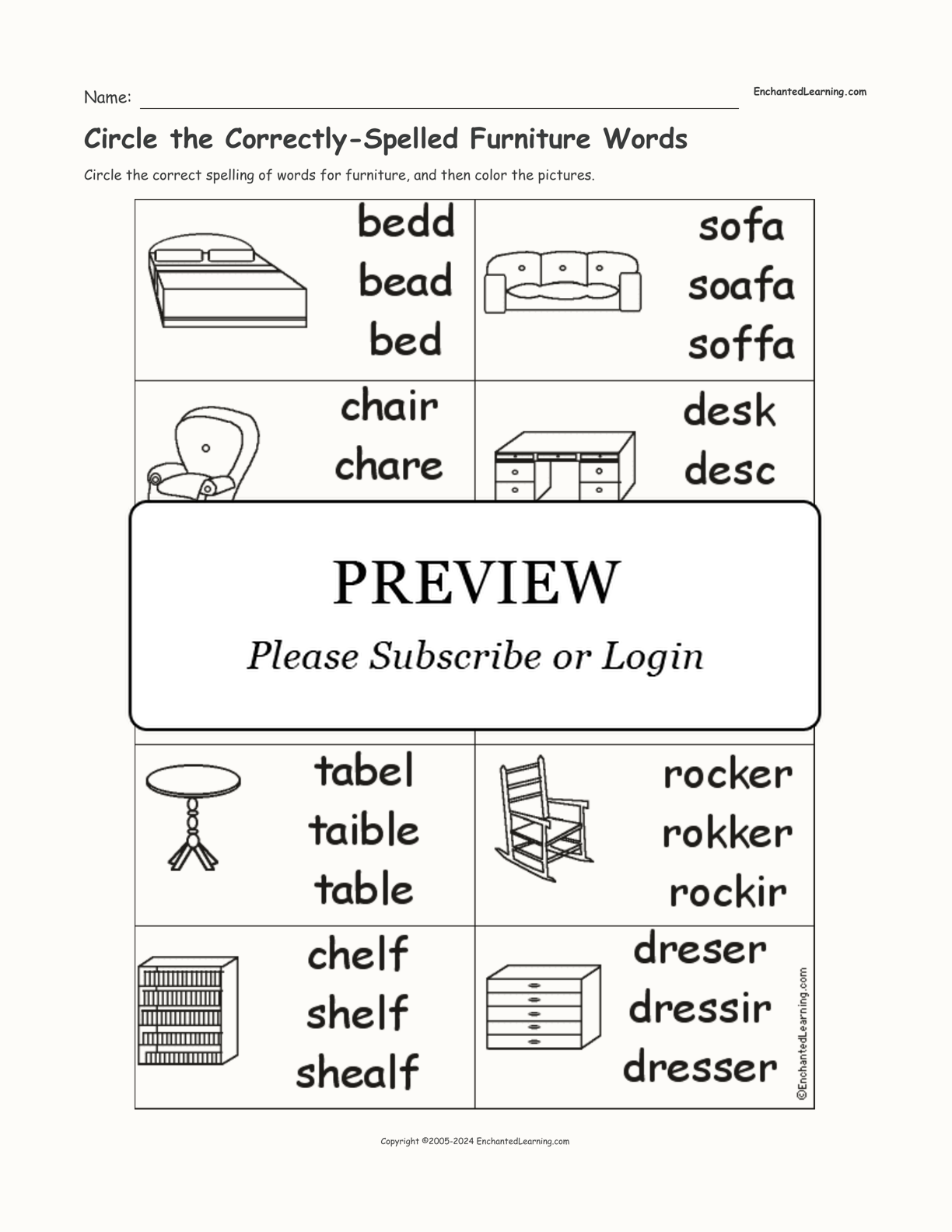 Circle the Correctly-Spelled Furniture Words interactive worksheet page 1