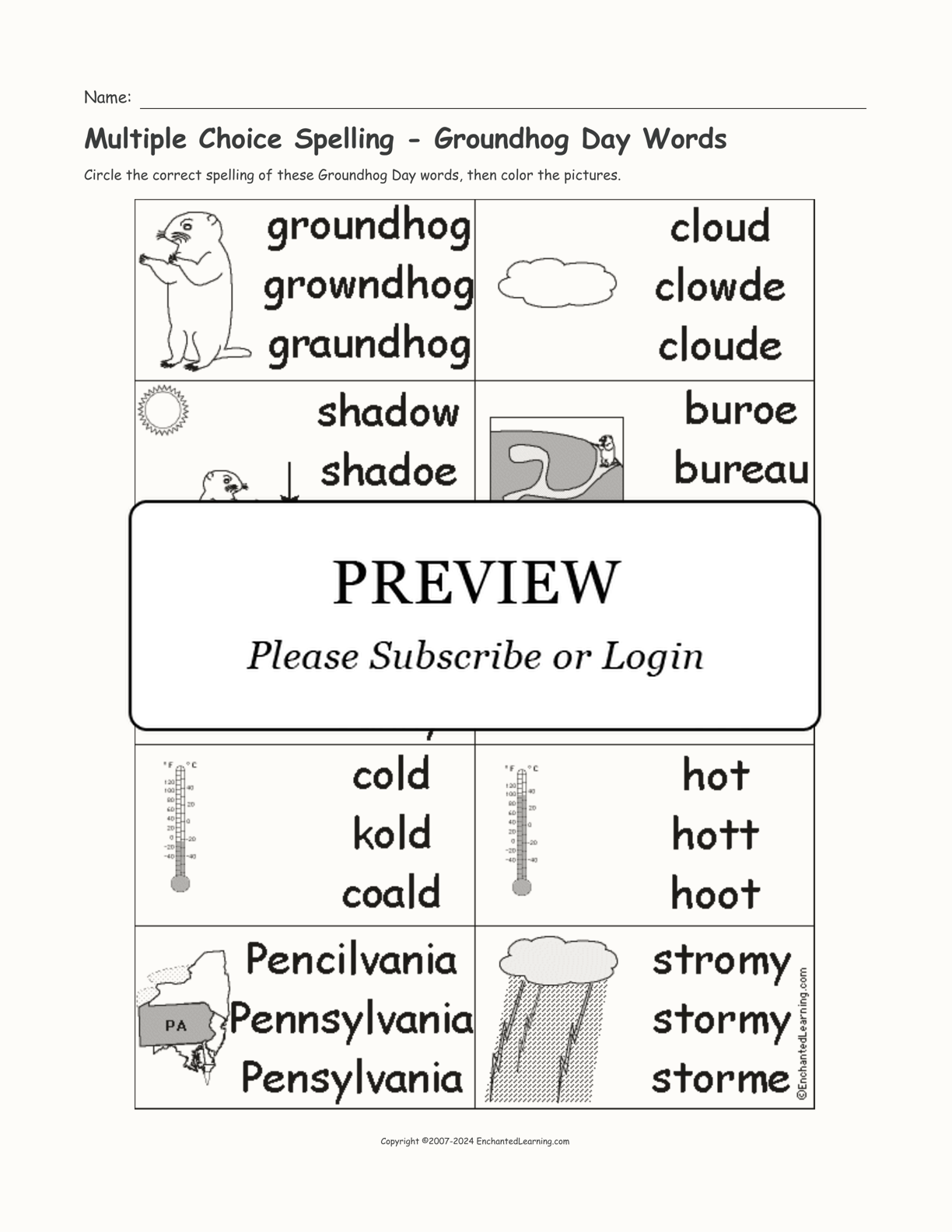 Multiple Choice Spelling - Groundhog Day Words interactive worksheet page 1