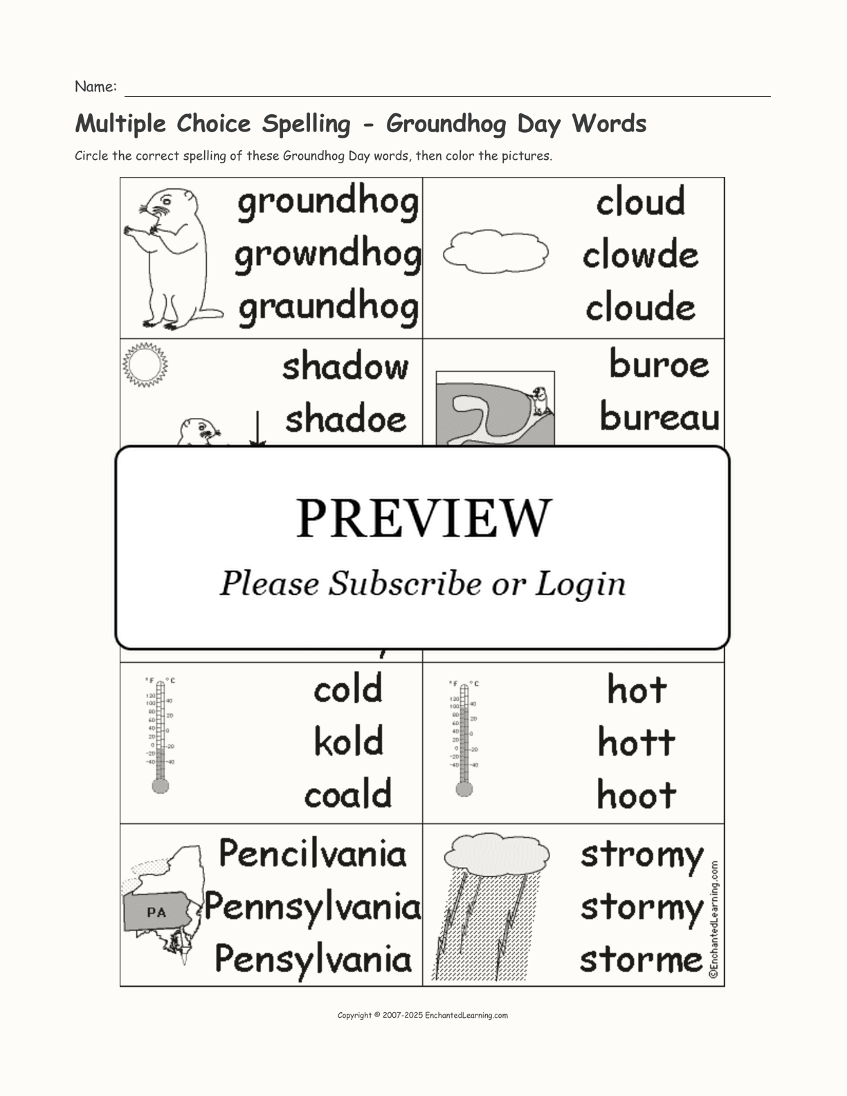 Multiple Choice Spelling Groundhog Day Words Enchanted Learning