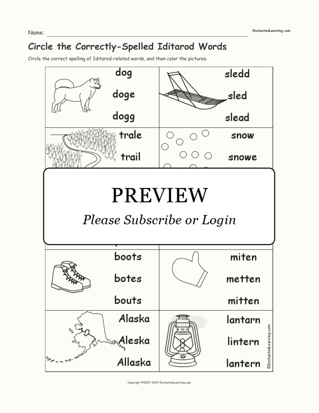 Circle the Correctly-Spelled Iditarod Words interactive worksheet page 1