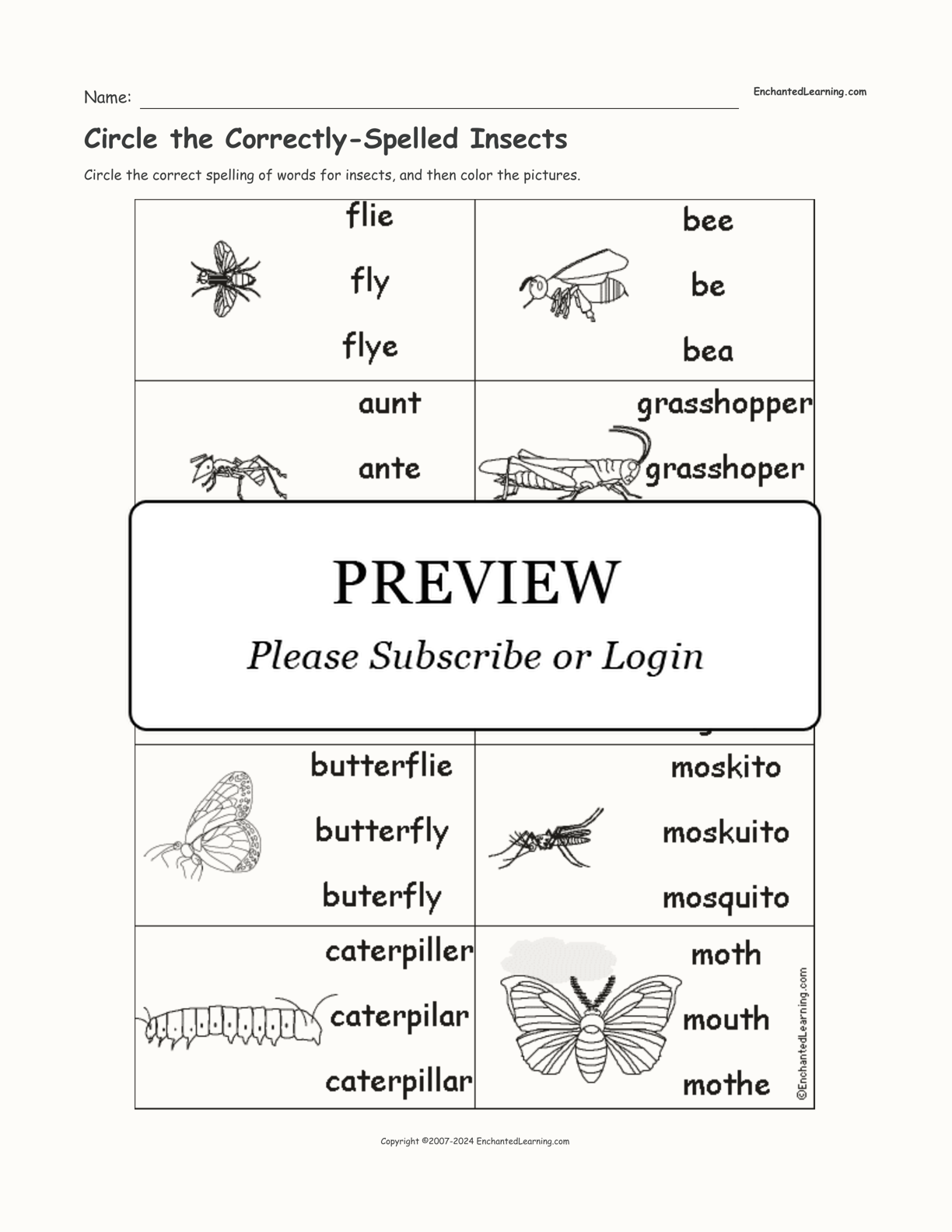 Circle the Correctly-Spelled Insects interactive worksheet page 1