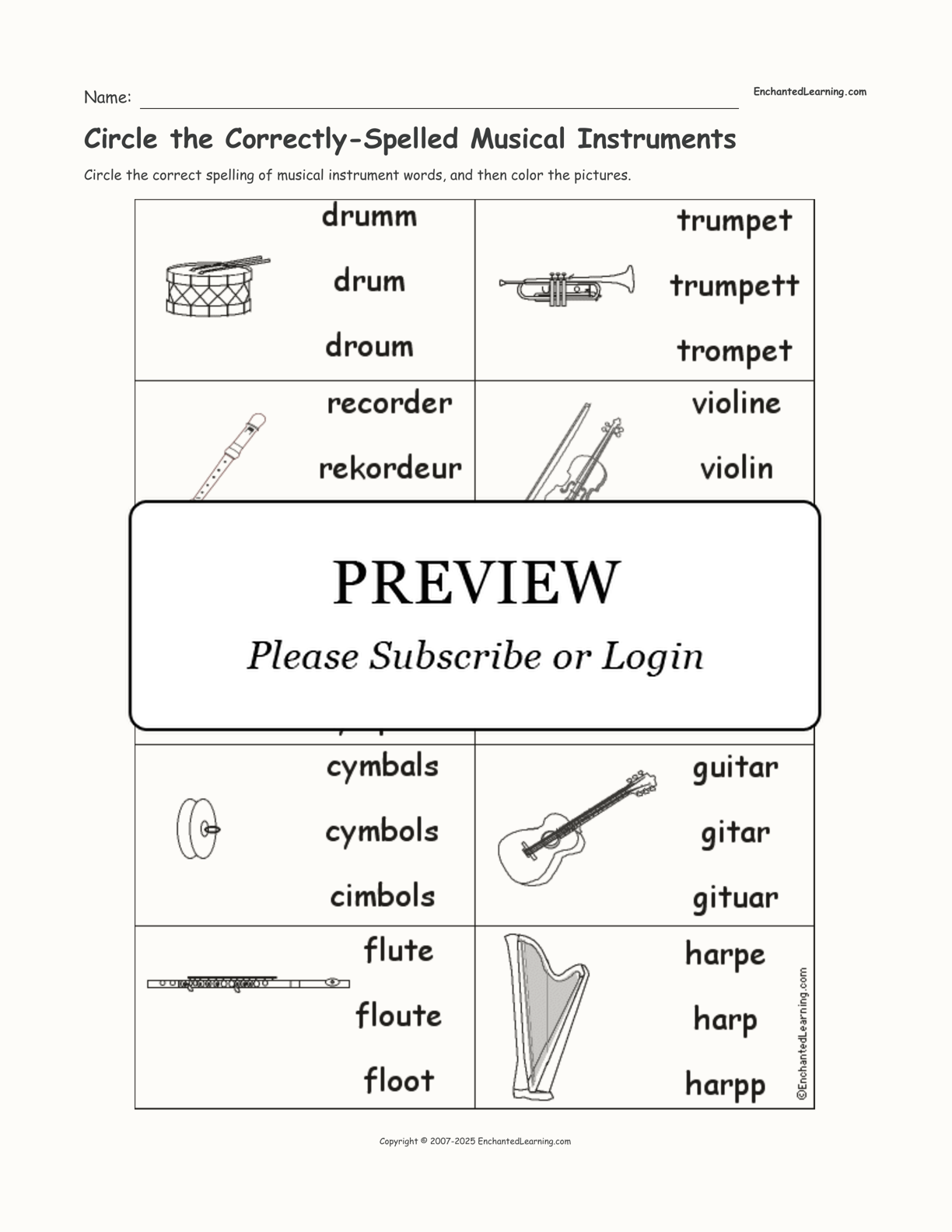 Circle the Correctly-Spelled Musical Instruments interactive worksheet page 1