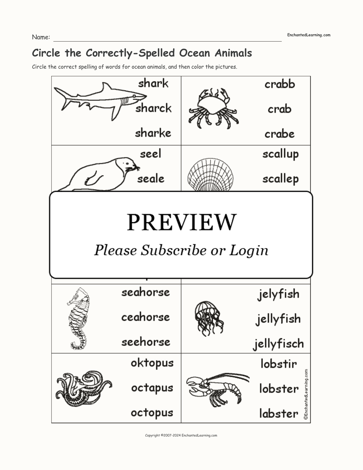 Circle the Correctly-Spelled Ocean Animals interactive worksheet page 1