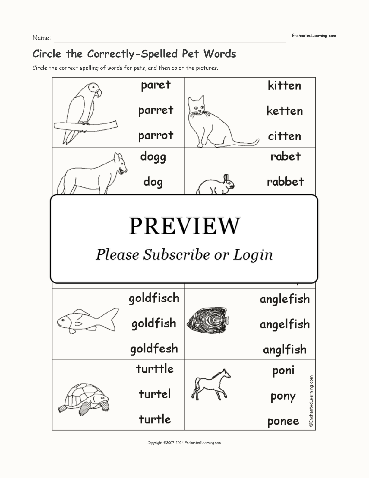 Circle the Correctly-Spelled Pet Words interactive worksheet page 1