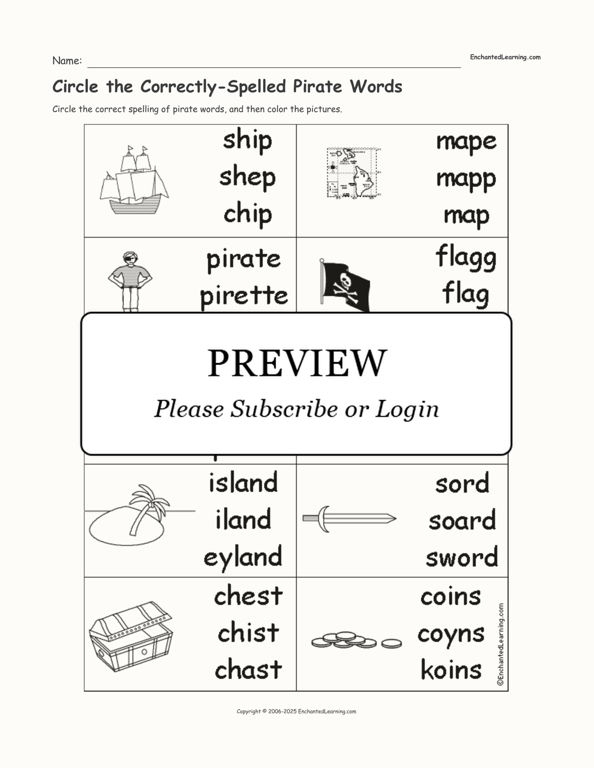 Circle the Correctly-Spelled Pirate Words interactive worksheet page 1