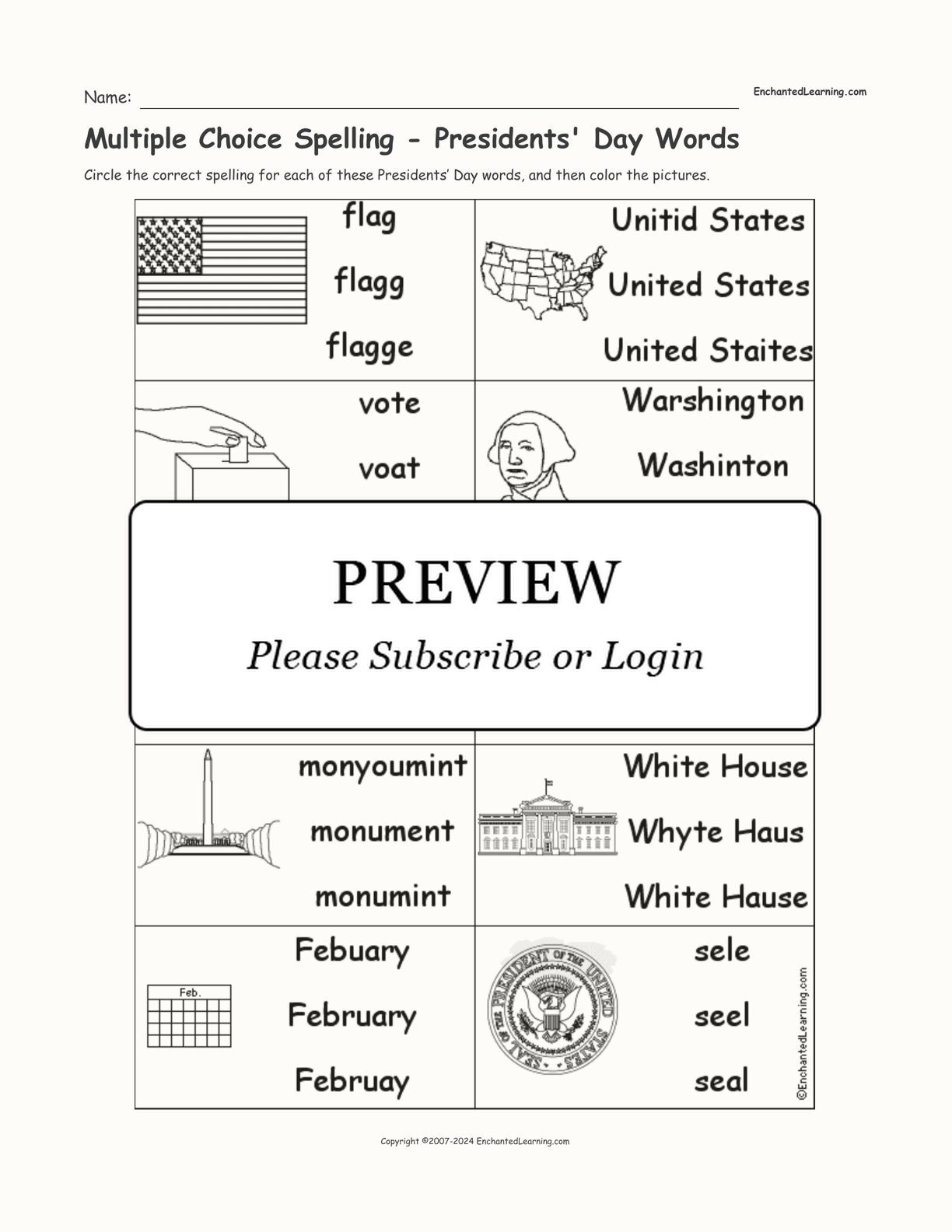 Multiple Choice Spelling -  Presidents' Day Words interactive worksheet page 1