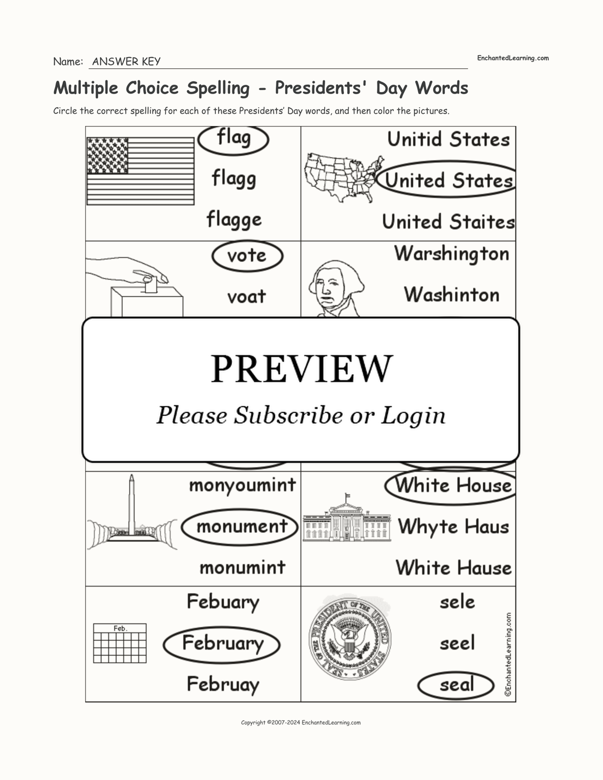 Multiple Choice Spelling -  Presidents' Day Words interactive worksheet page 2