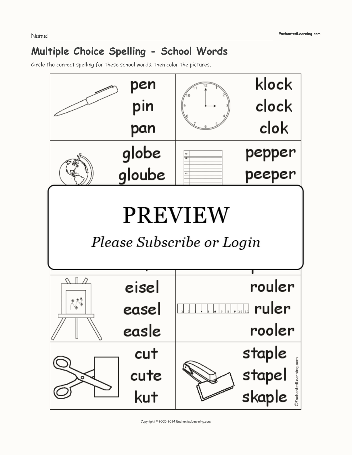 Multiple Choice Spelling -  School Words interactive worksheet page 1