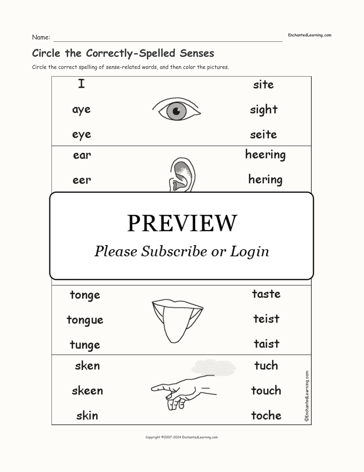 Circle the Correctly-Spelled Senses interactive worksheet page 1
