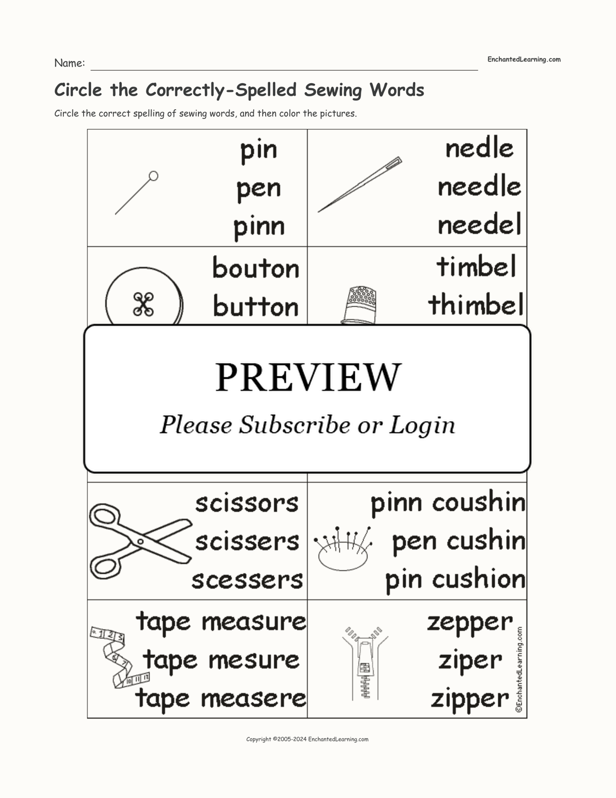Circle the Correctly-Spelled Sewing Words interactive worksheet page 1