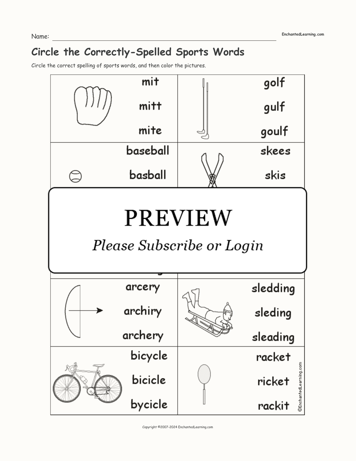 Circle the Correctly-Spelled Sports Words interactive worksheet page 1