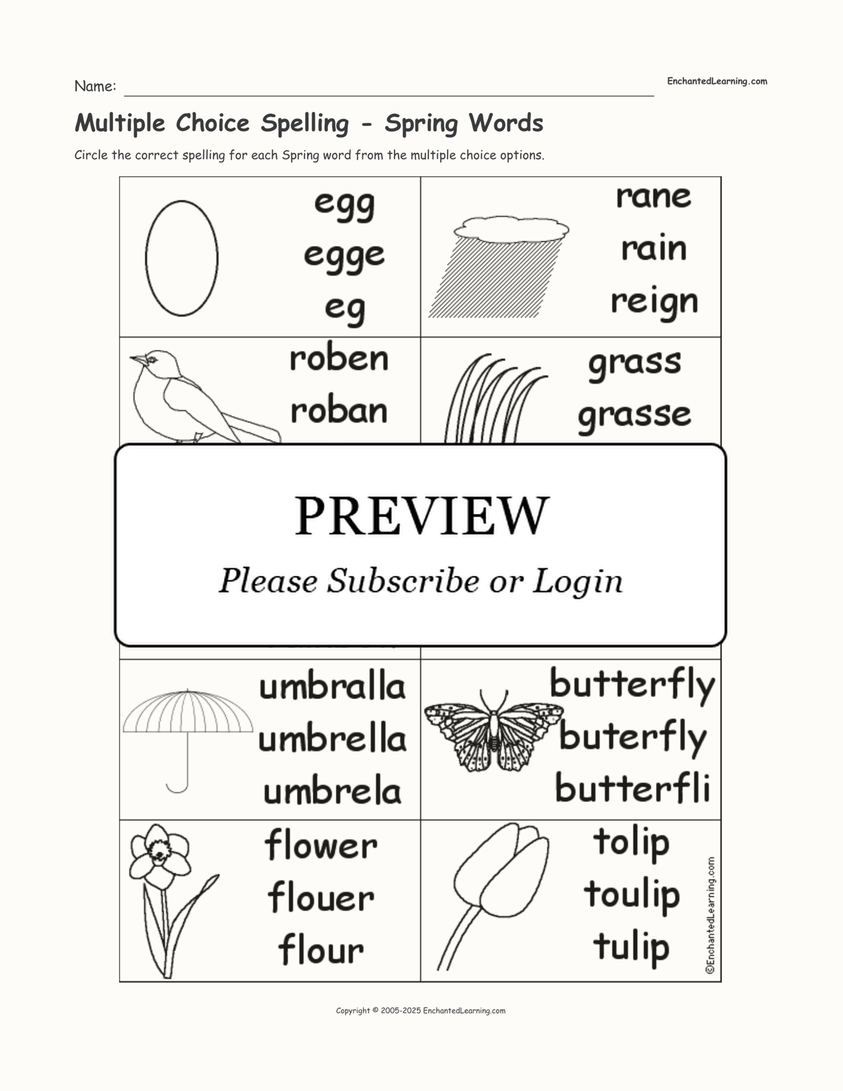 Multiple Choice Spelling - Spring Words interactive worksheet page 1