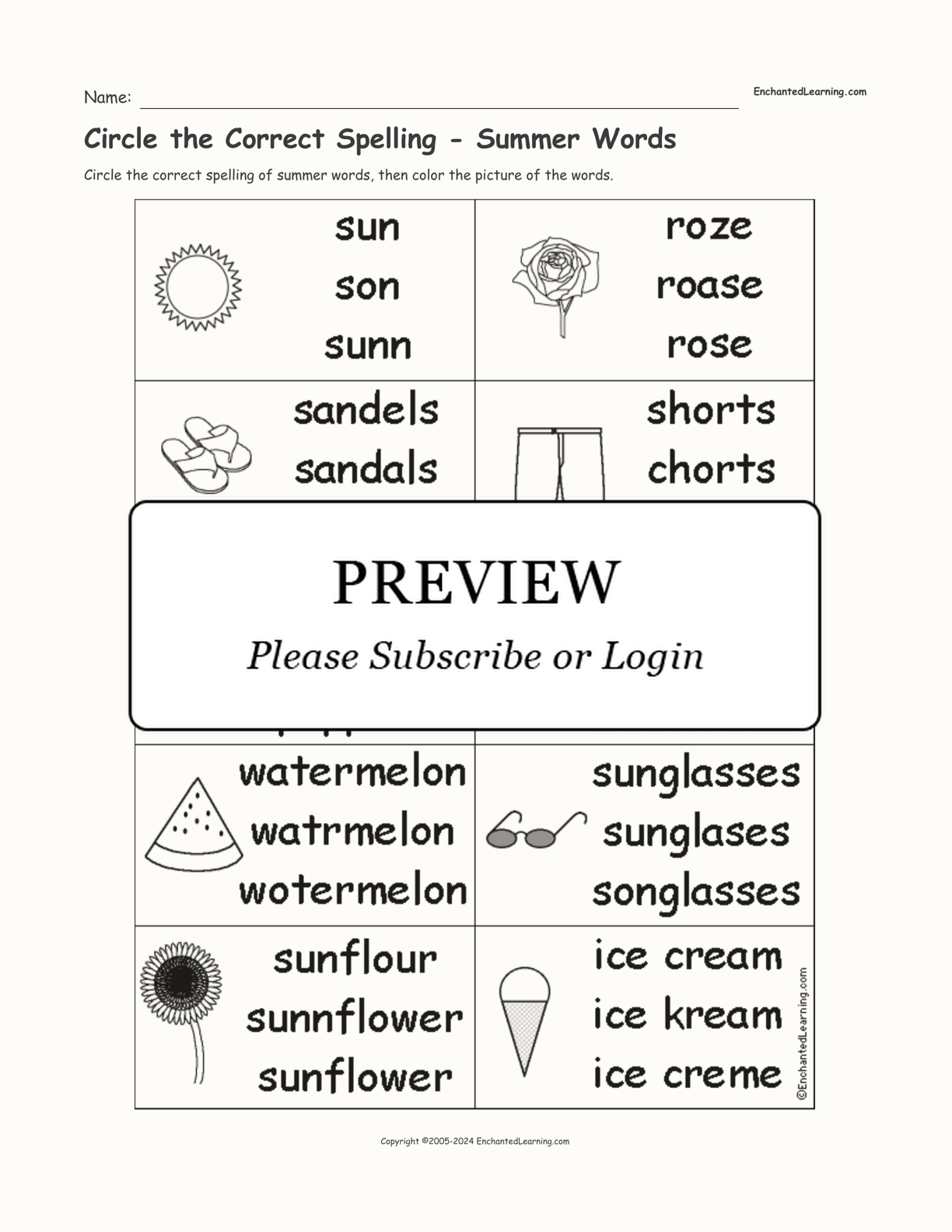 Circle the Correct Spelling - Summer Words interactive worksheet page 1