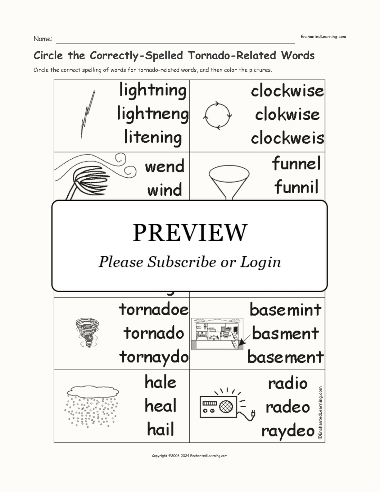 Circle the Correctly-Spelled Tornado-Related Words interactive worksheet page 1