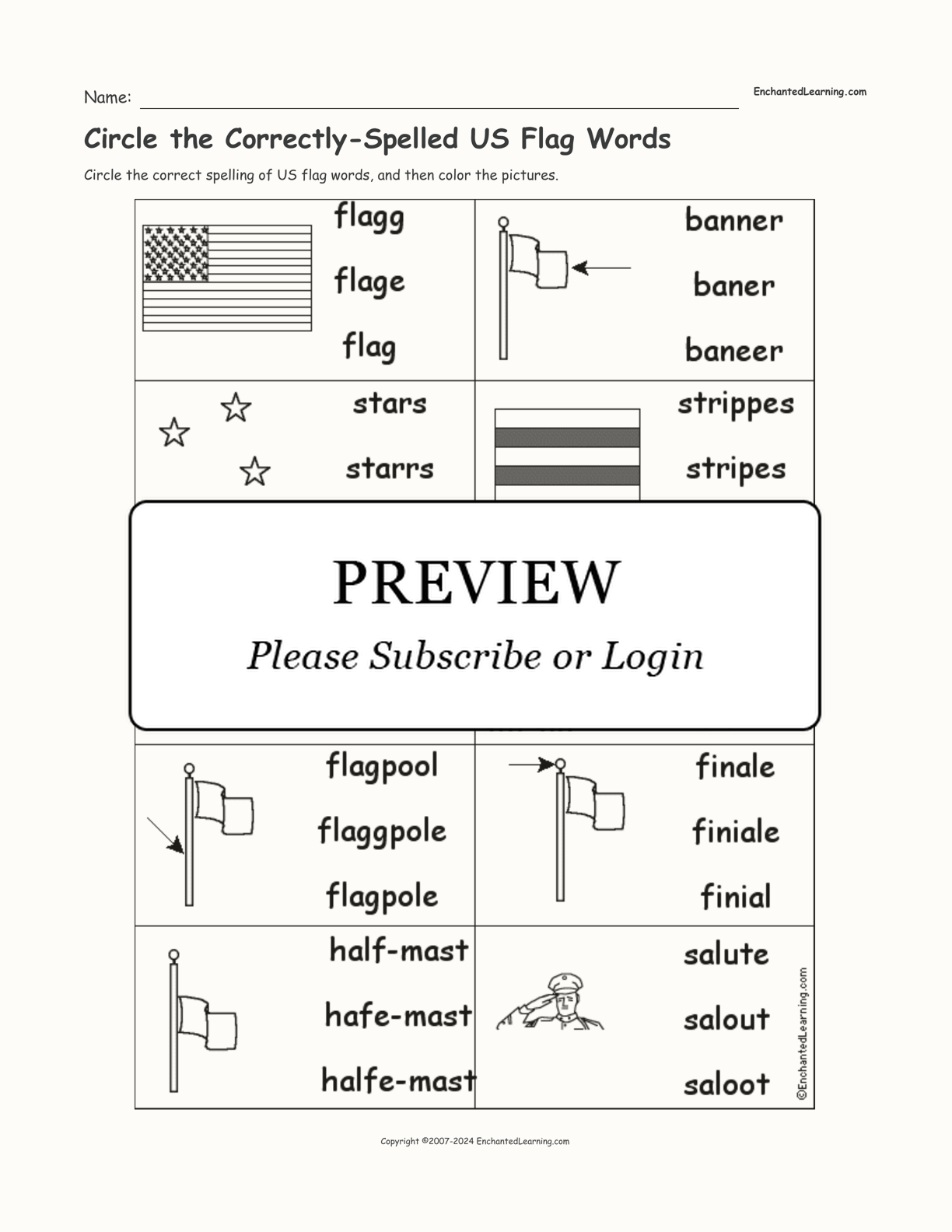 Circle the Correctly-Spelled US Flag Words interactive worksheet page 1
