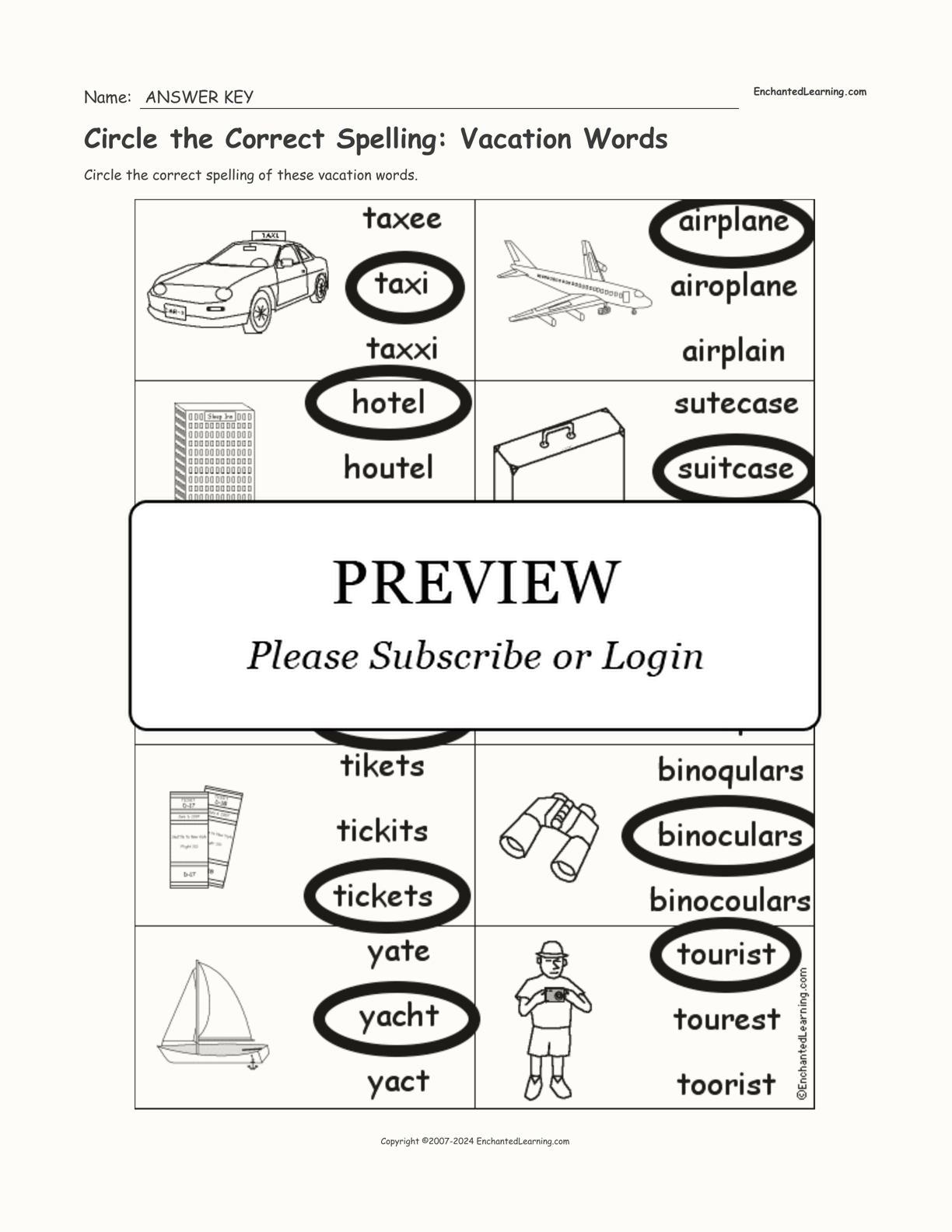 Circle the Correct Spelling: Vacation Words interactive worksheet page 2