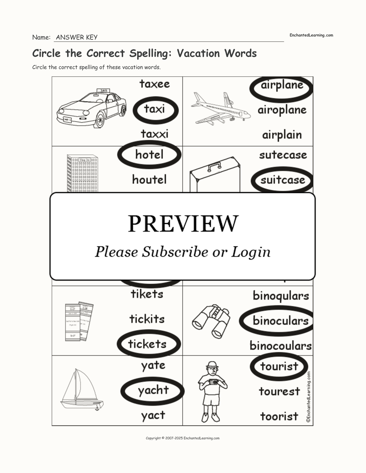 Multiple Choice Spelling Vacation Words Enchanted Learning