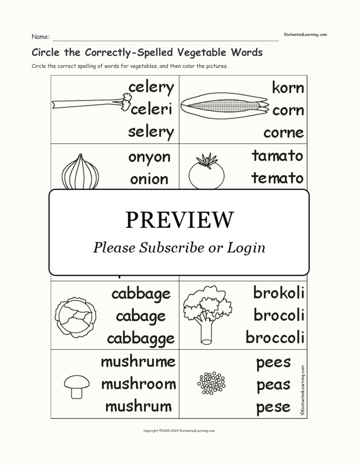 Circle the Correctly-Spelled Vegetable Words interactive worksheet page 1
