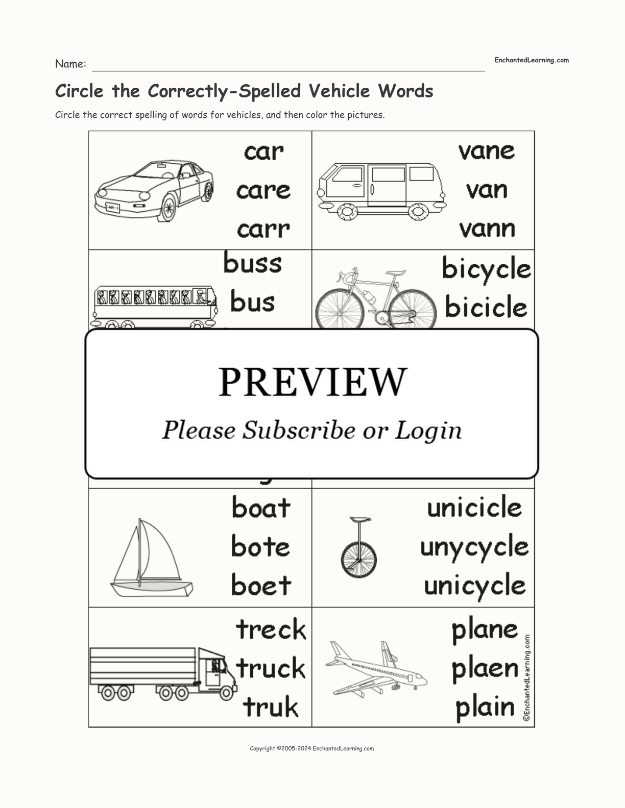Circle the Correctly-Spelled Vehicle Words interactive worksheet page 1