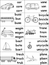 spelling worksheets: transportation/vehicles at