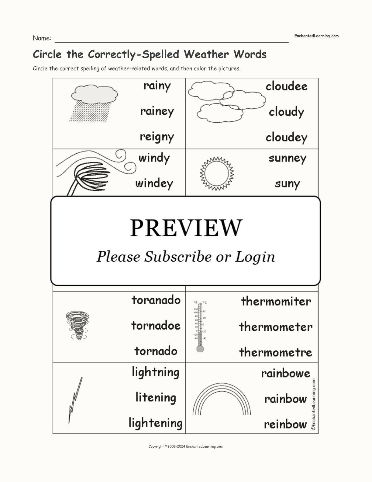 Circle the Correctly-Spelled Weather Words interactive worksheet page 1
