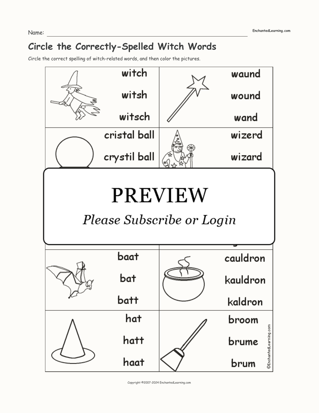 Circle the Correctly-Spelled Witch Words interactive worksheet page 1