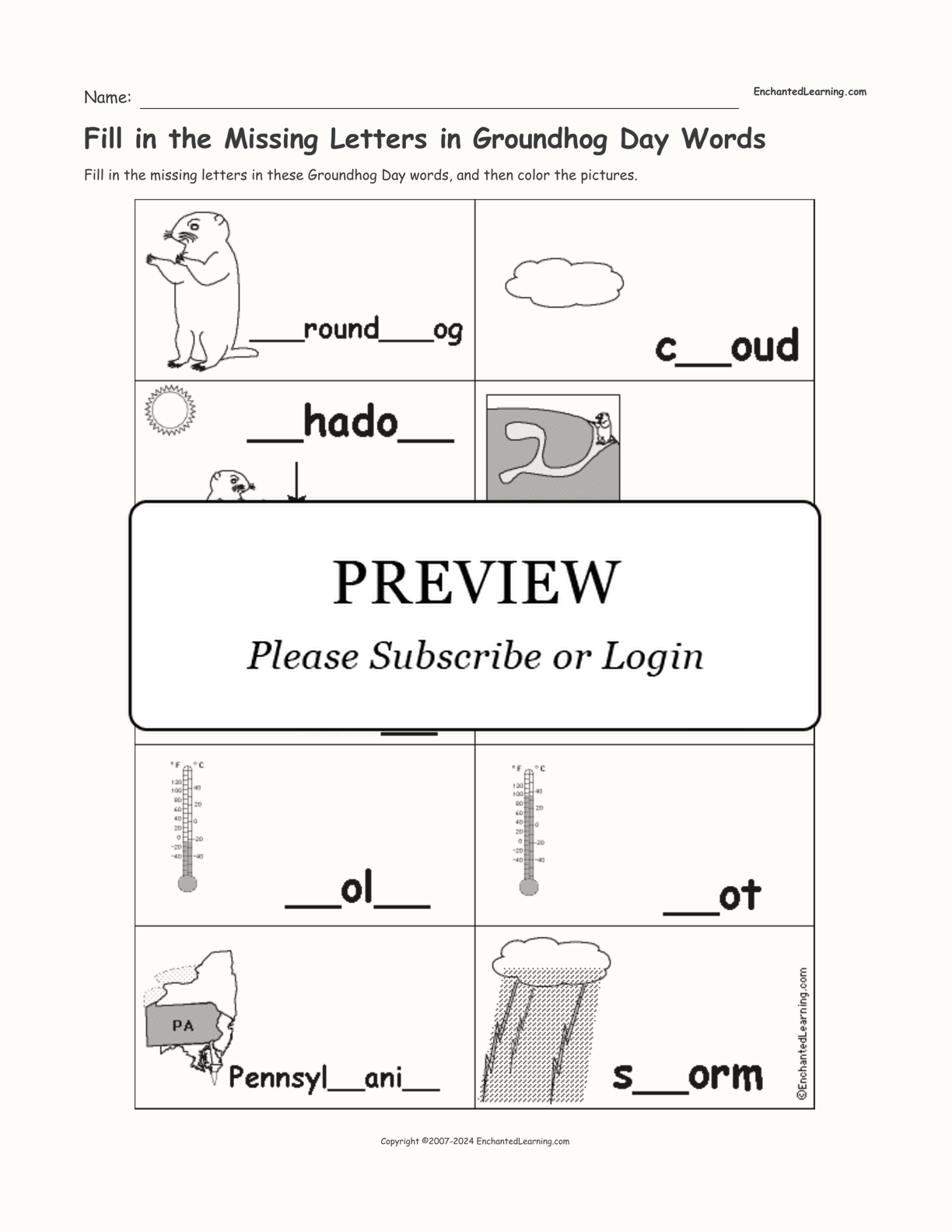 Fill in the Missing Letters in Groundhog Day Words interactive worksheet page 1