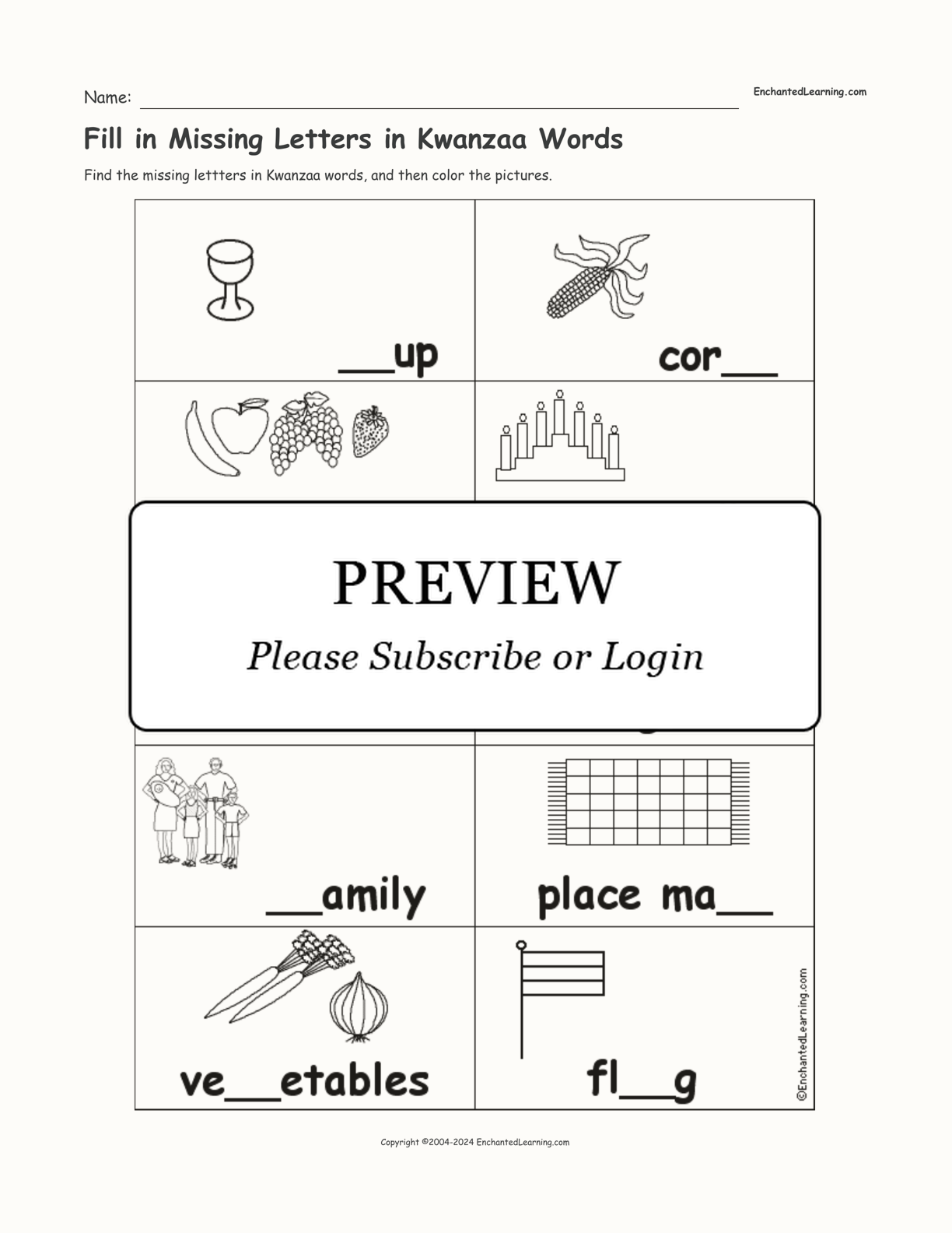 Fill in Missing Letters in Kwanzaa Words interactive worksheet page 1