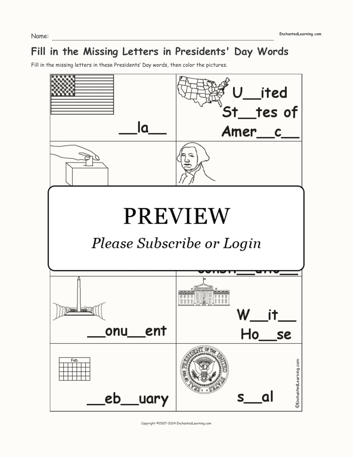 Fill in the Missing Letters in Presidents' Day Words interactive worksheet page 1