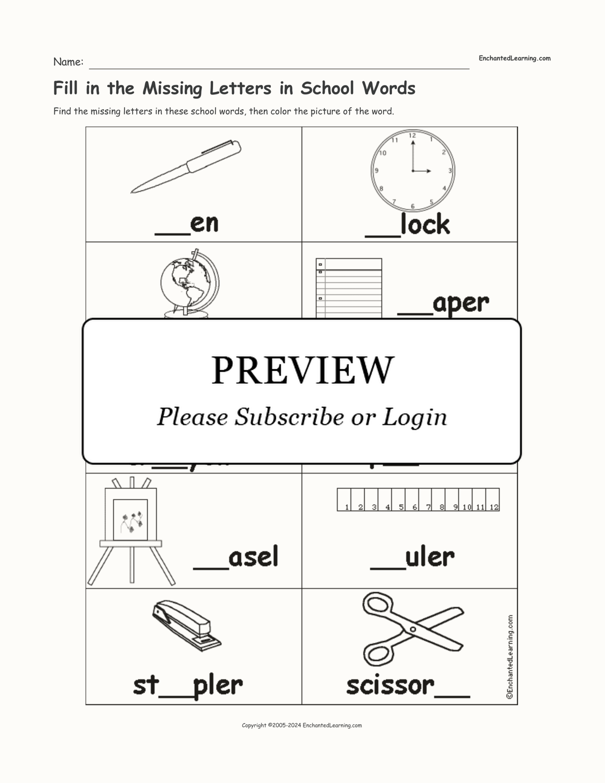 Fill in the Missing Letters in School Words interactive worksheet page 1