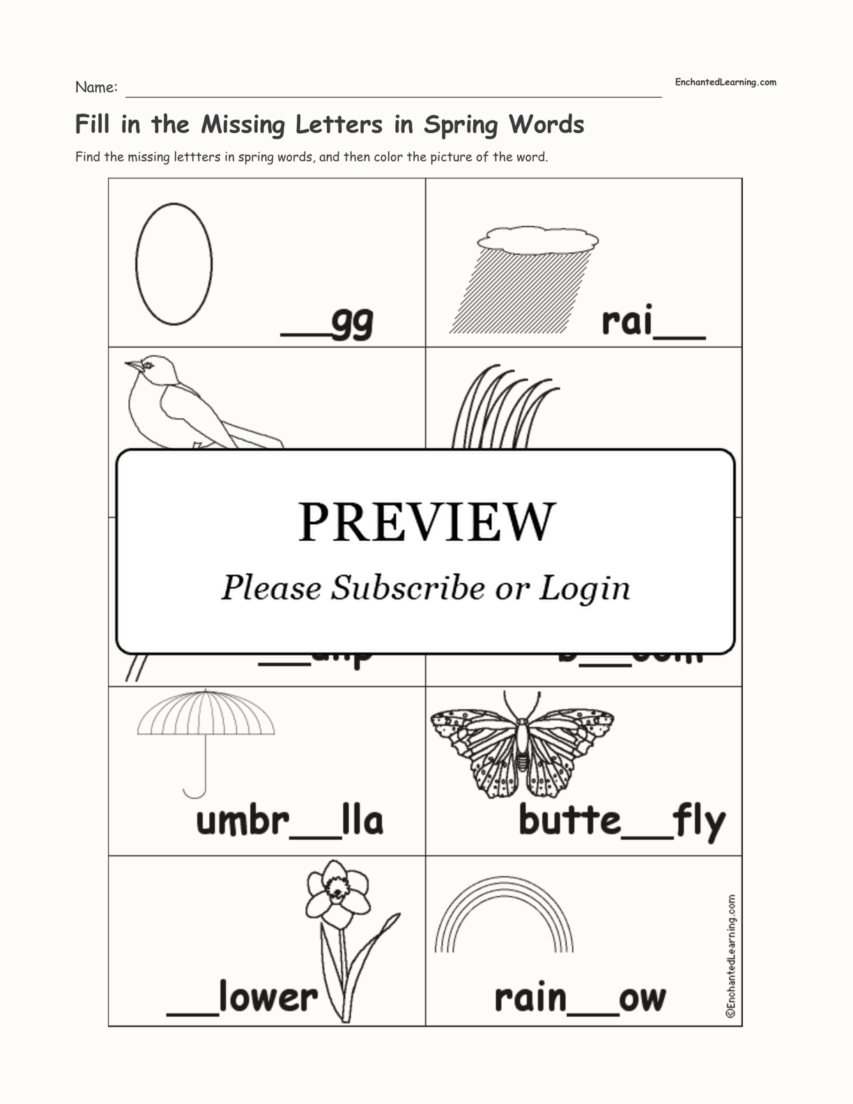Fill in the Missing Letters in Spring Words interactive worksheet page 1