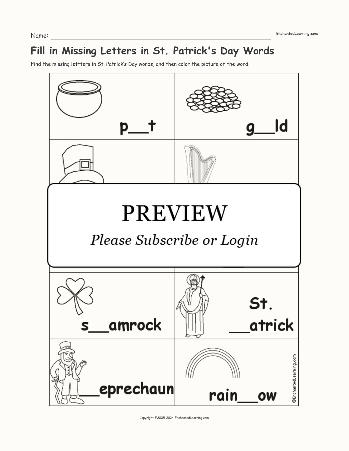 Fill in Missing Letters in St. Patrick's Day Words interactive worksheet page 1