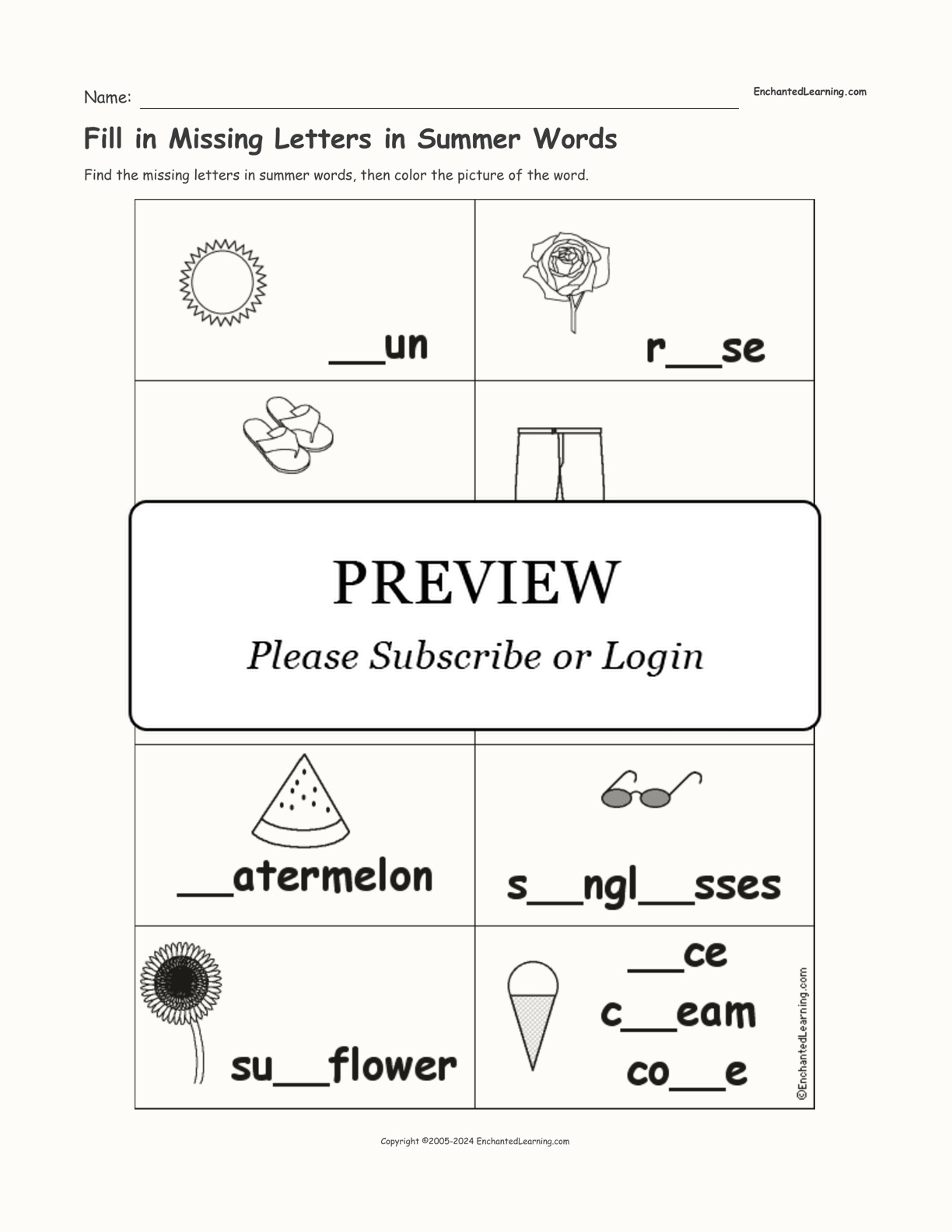 Fill in Missing Letters in Summer Words interactive worksheet page 1