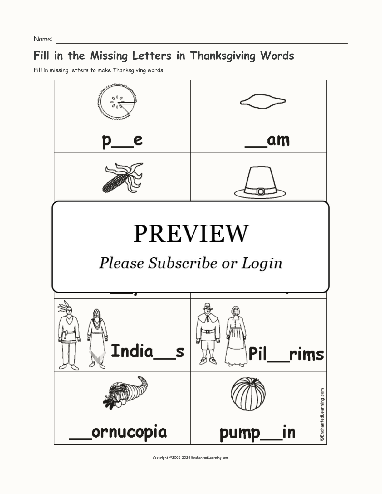 Fill in the Missing Letters in Thanksgiving Words interactive worksheet page 1