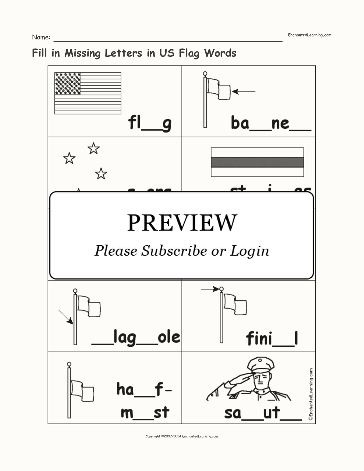 Fill in Missing Letters in US Flag Words interactive worksheet page 1