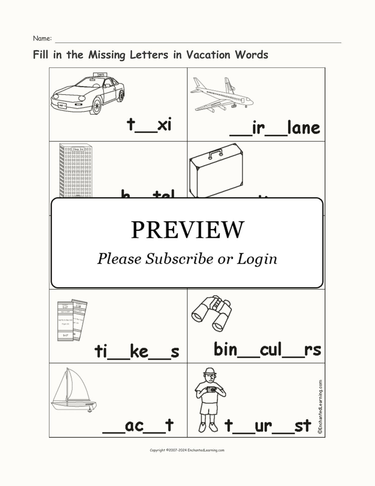 Fill in the Missing Letters in Vacation Words interactive worksheet page 1