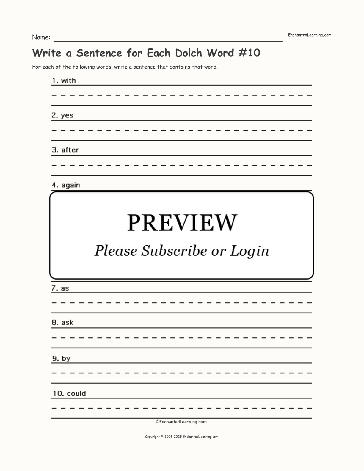 Write a Sentence for Each Dolch Word #10 interactive worksheet page 1