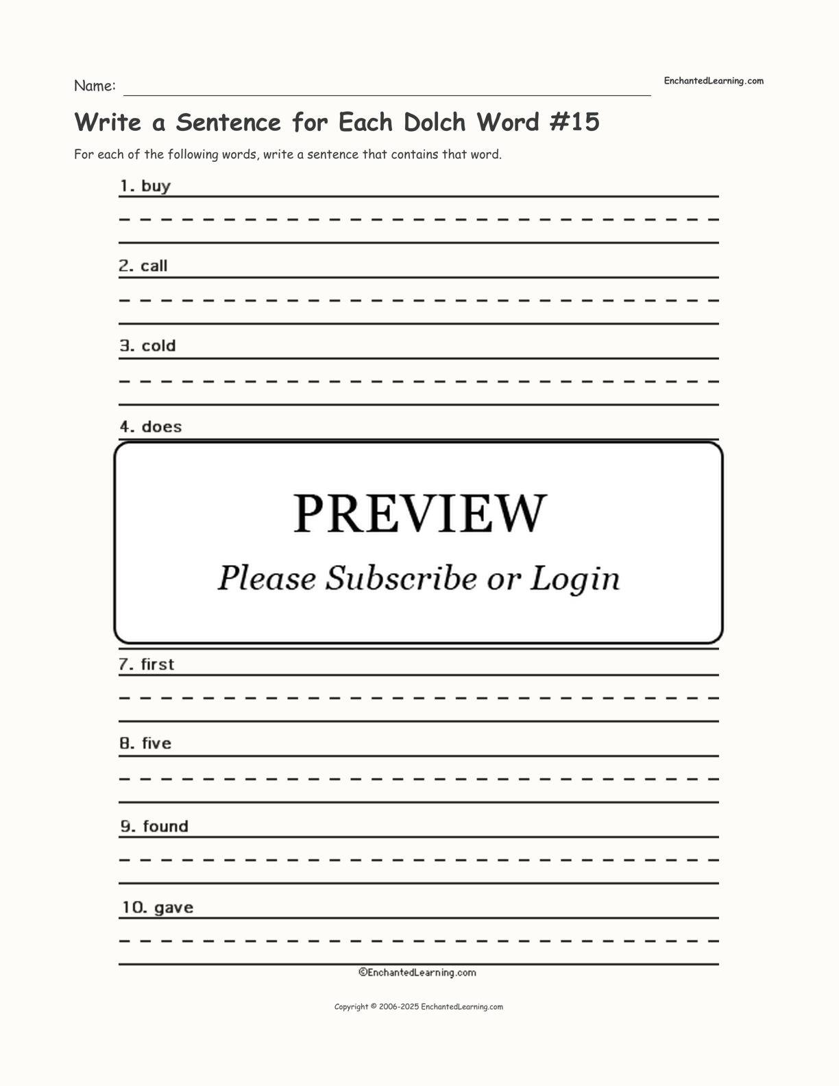 Write a Sentence for Each Dolch Word #15 interactive worksheet page 1