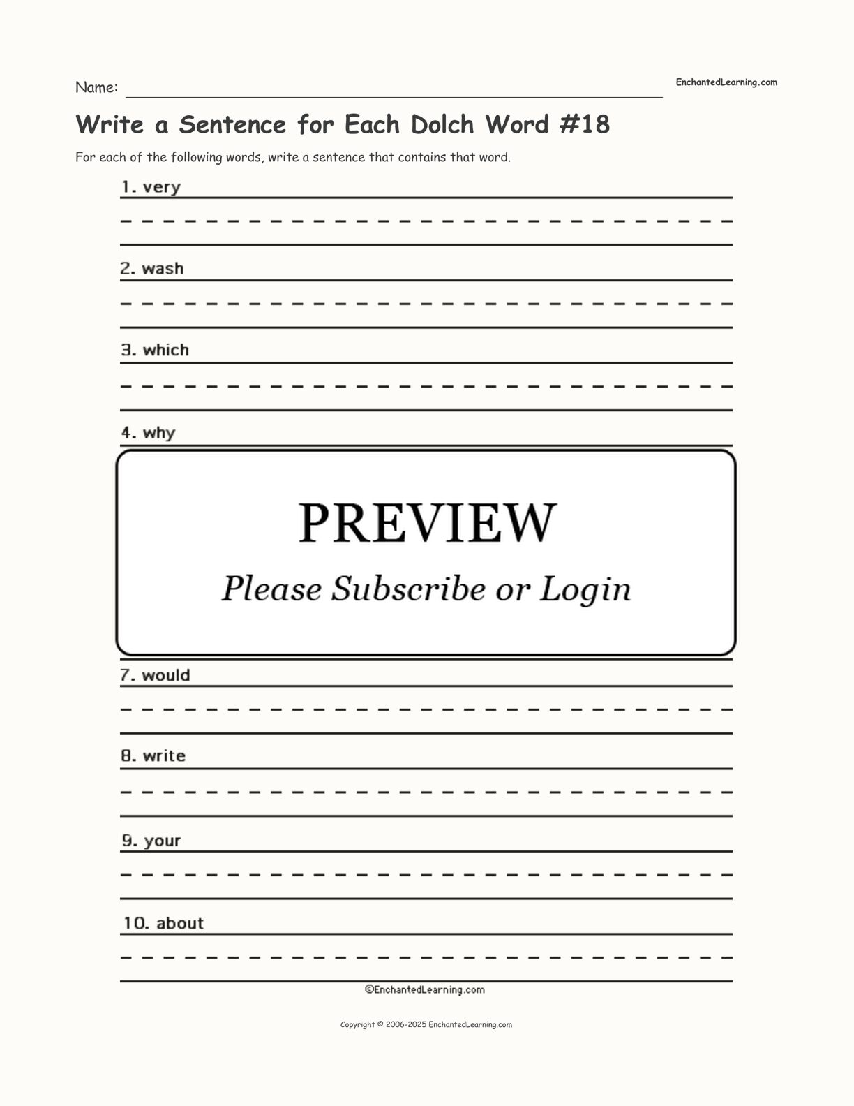 Write a Sentence for Each Dolch Word #18 interactive worksheet page 1