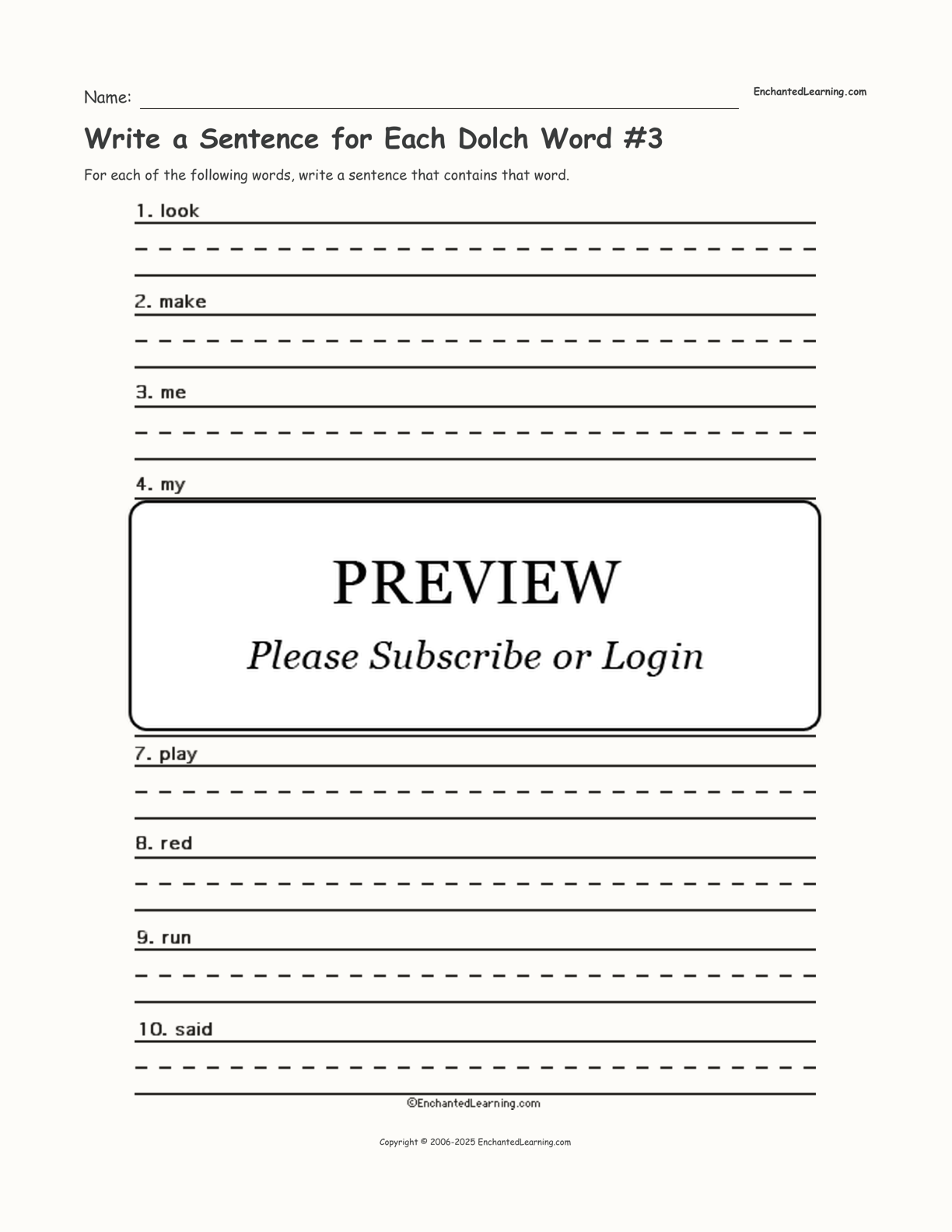 Write a Sentence for Each Dolch Word #3 interactive worksheet page 1