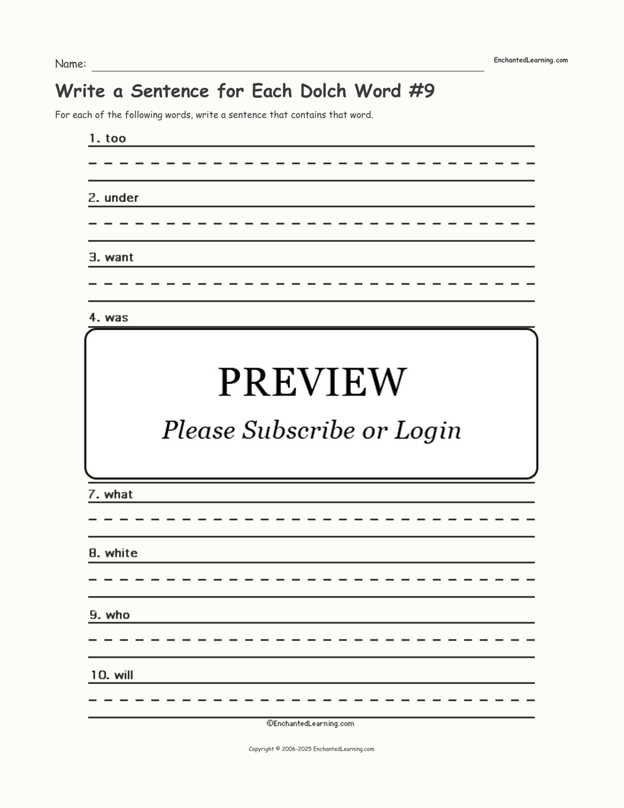 Write a Sentence for Each Dolch Word #9 interactive worksheet page 1