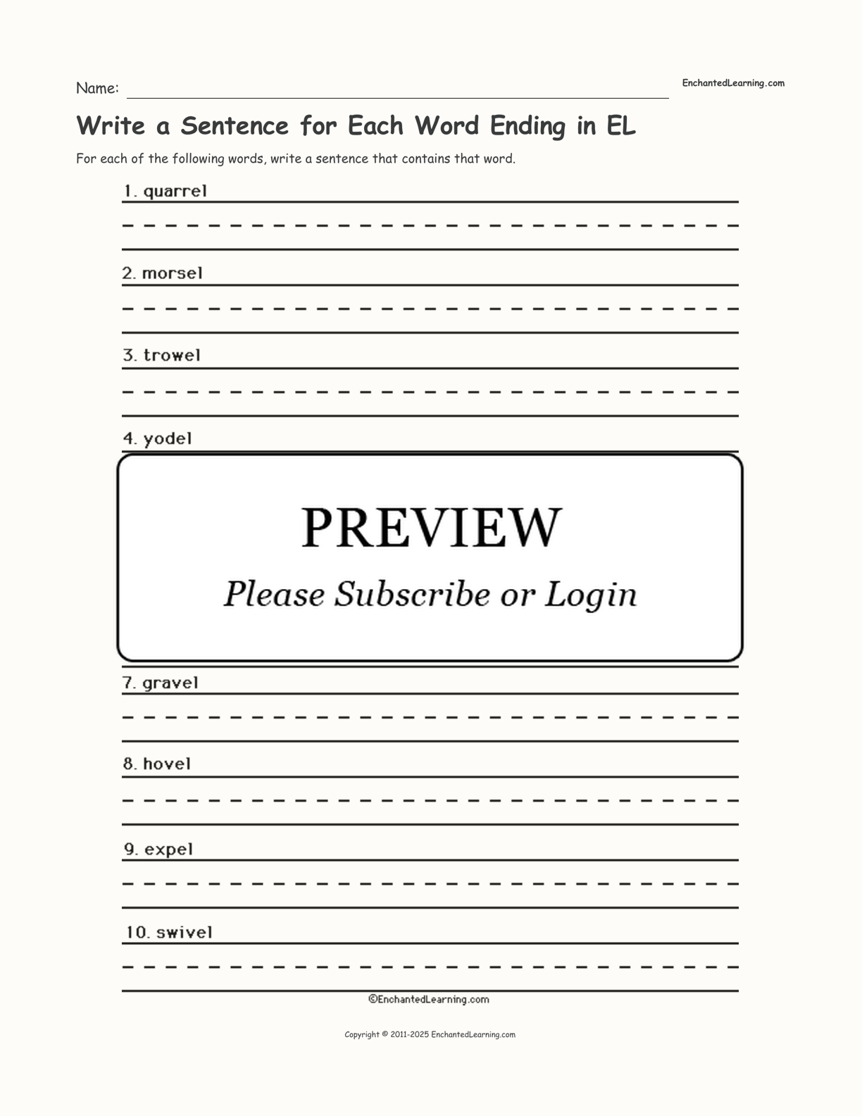 Write a Sentence for Each Word Ending in EL interactive worksheet page 1