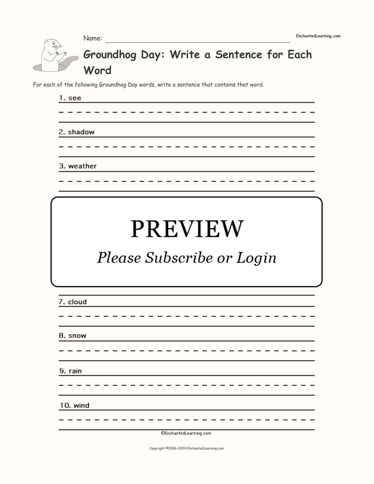 Groundhog Day: Write a Sentence for Each Word interactive printout page 1