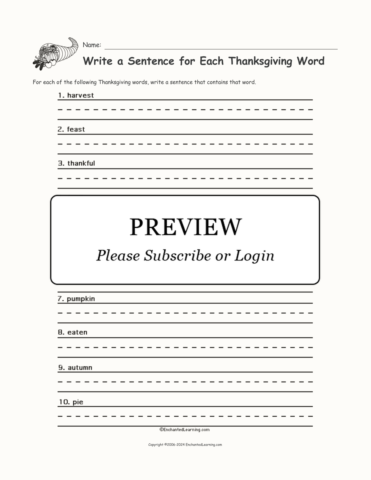 Write a Sentence for Each Thanksgiving Word interactive printout page 1