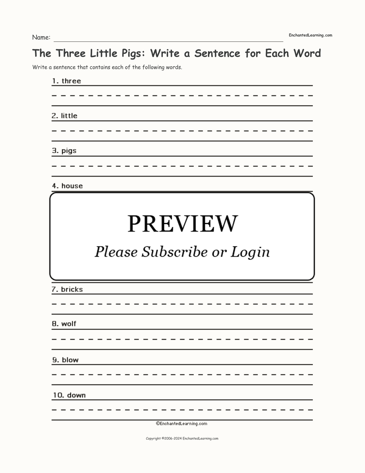 The Three Little Pigs: Write a Sentence for Each Word interactive worksheet page 1