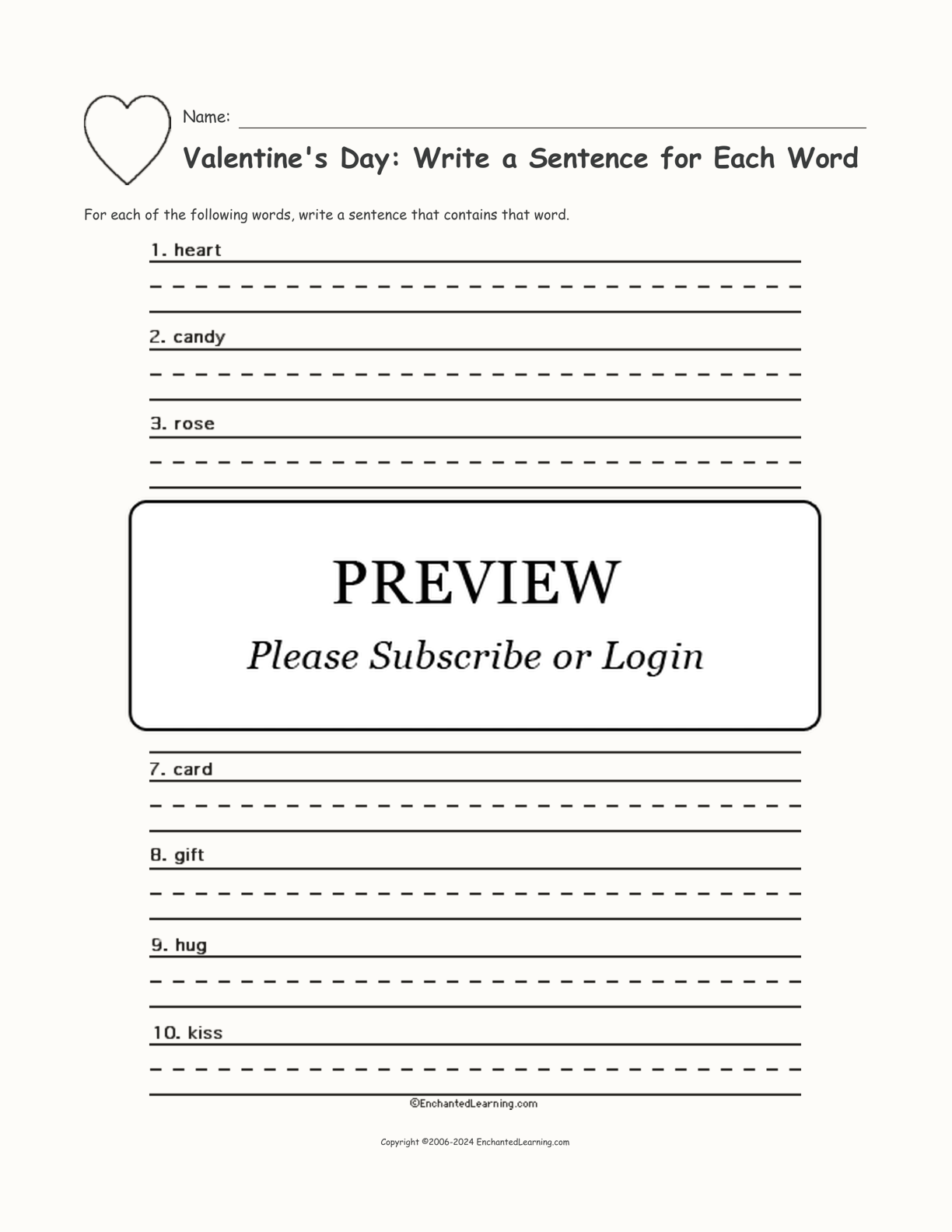 Valentine's Day: Write a Sentence for Each Word interactive printout page 1
